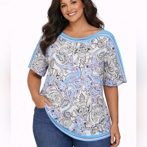 ECI New York XL Paisley Boatneck Ruched Sides Short Sleeve Top Classic Chic Work